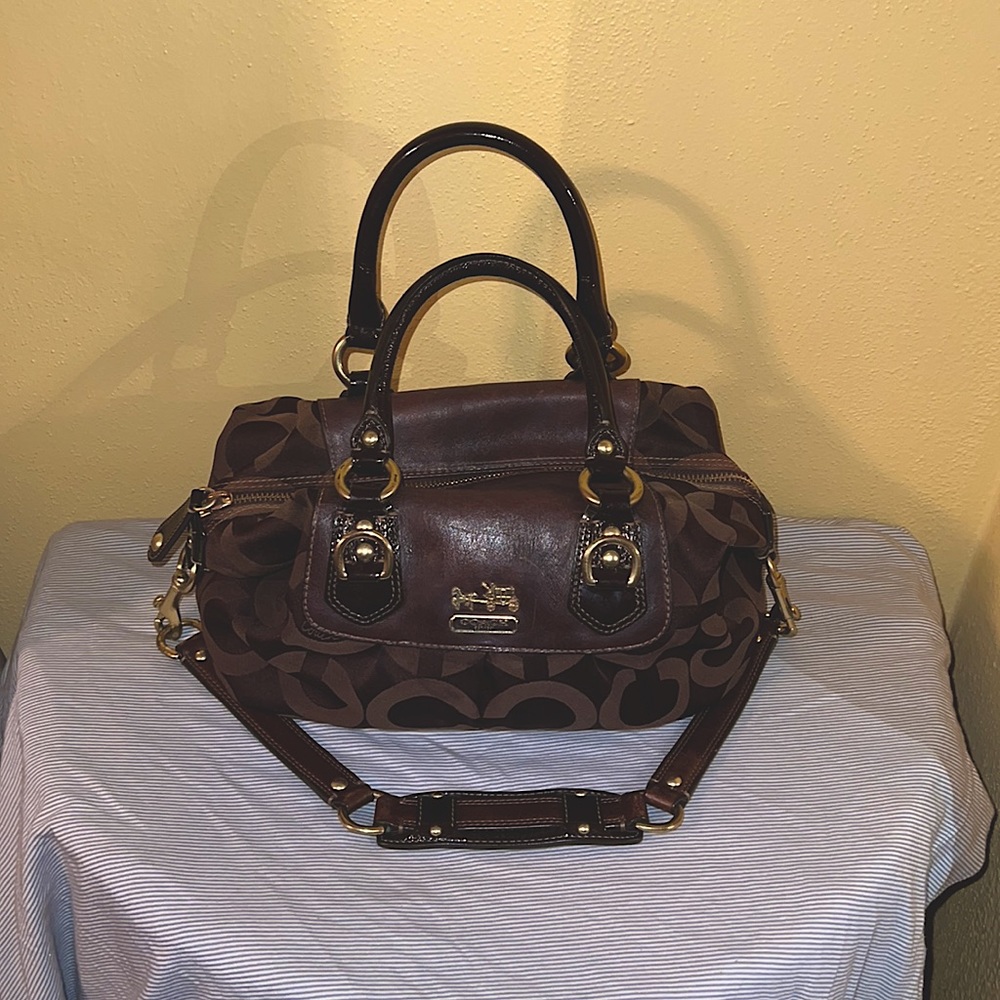 Coach Madison Sabrina Satchel OP art dark brown